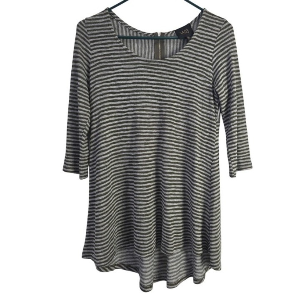 W5 Coquette Top M Womens Green Gray Striped Back Zip Sheer Cottage Core‎